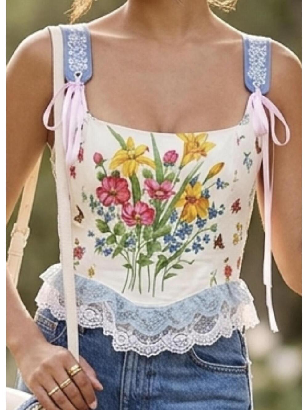 Cottagecore handmade Floral Lace Trim Corset Top XXS-5XL - Picture 3 of 7